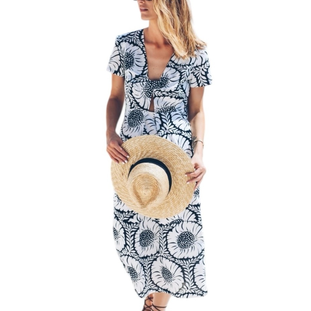 Anthropologie Whit Two Dress Sunflower Black White Midi Floral Size 6